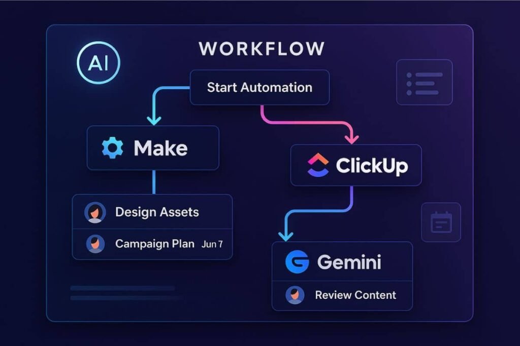 Visual comparison of AI project automation in Make, ClickUp, and Gemini
