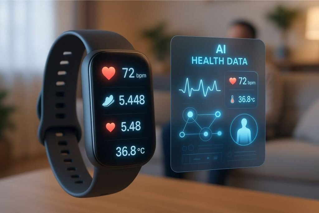 Wearable device sending patient health data to AI monitoring dashboard in real-time