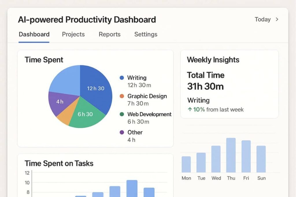 Freelancer AI stack: Dashboard of AI time-tracking tool analyzing freelancer's weekly productivity