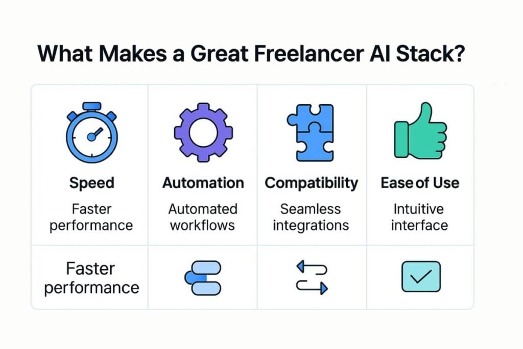Freelancer AI Stack: Infographic comparing AI tool features like speed, automation, and ROI for freelancers