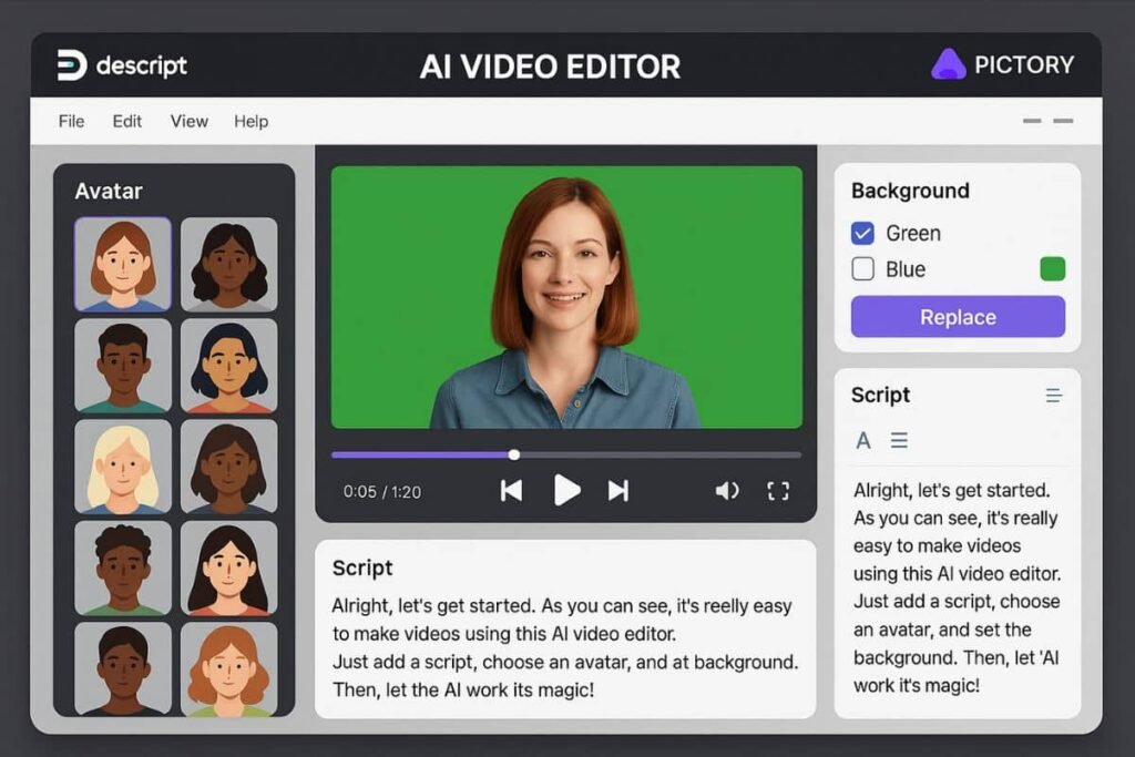 Best AI tools for digital marketing: AI video editor UI featuring text-based editing and avatar narration