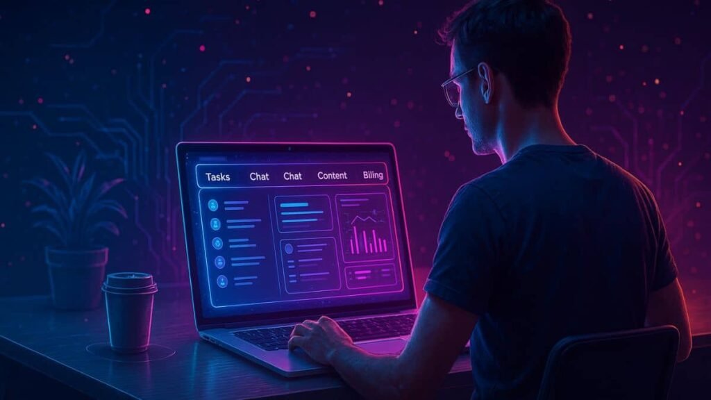 freelancer using all-in-one AI dashboard in a clean workspace
