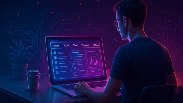 freelancer using all-in-one AI dashboard in a clean workspace