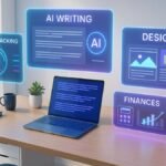 Futuristic freelancer using AI dashboard with holographic tools and glowing UI interface
