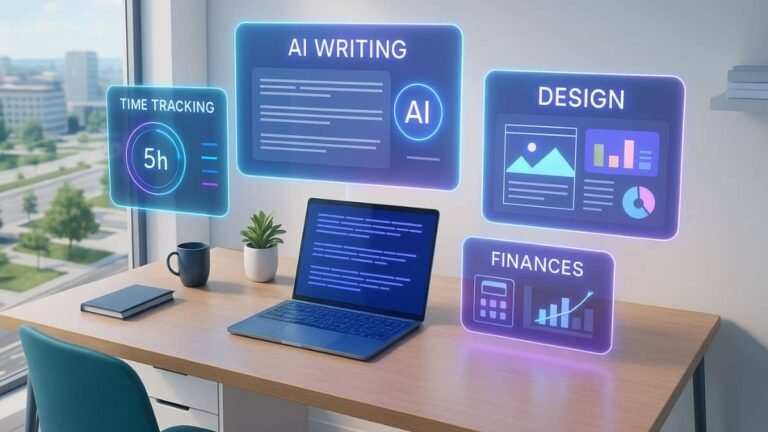 Futuristic freelancer using AI dashboard with holographic tools and glowing UI interface