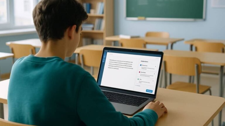 Student using AI writing assistant on a laptop in a modern classroom
