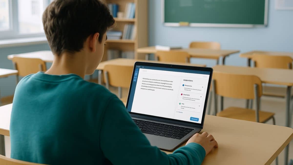 Student using AI writing assistant on a laptop in a modern classroom