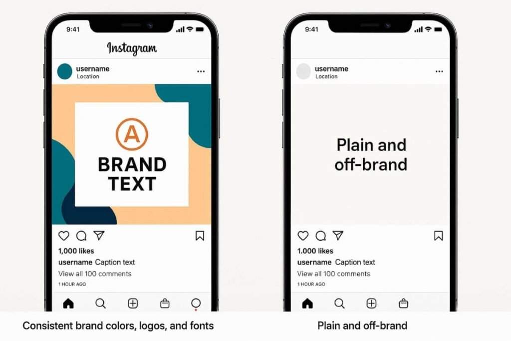 Side-by-side comparison of low vs high-performing Instagram post designs using brand elements