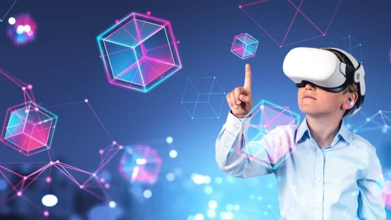 Child exploring immersive technology with virtual reality headset and digital visuals
