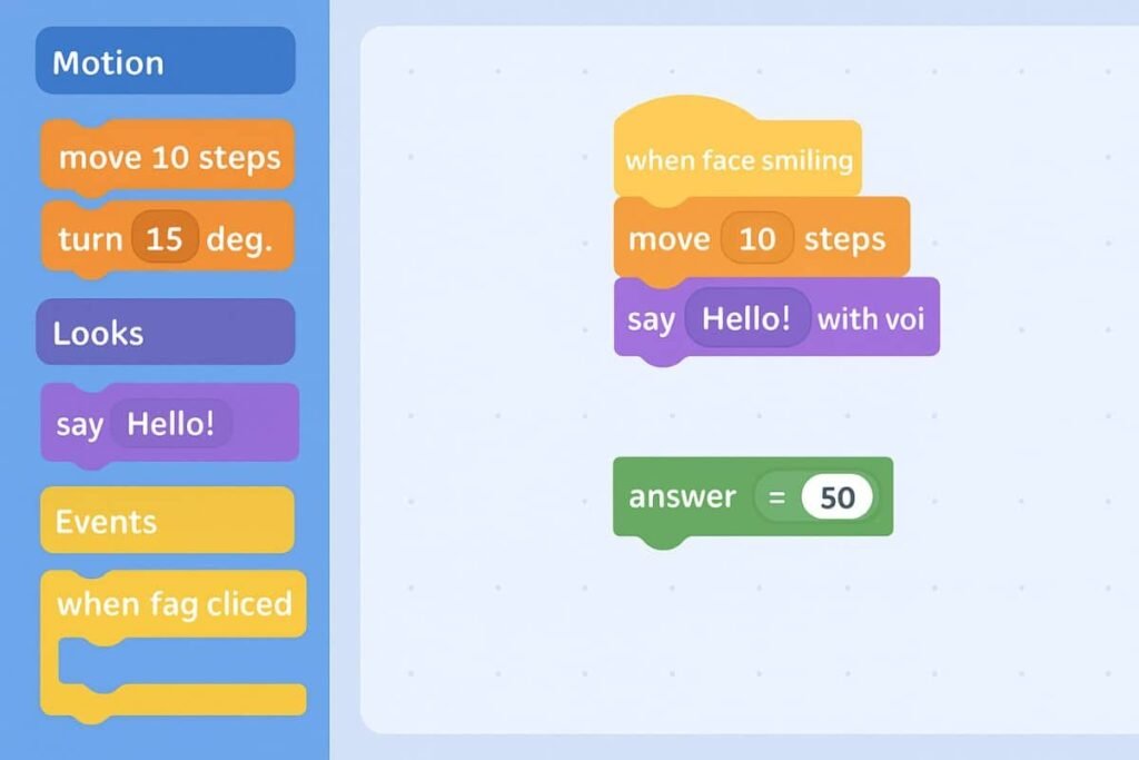 Scratch AI coding for kids: interface showing AI extensions like face sensing and speech blocks