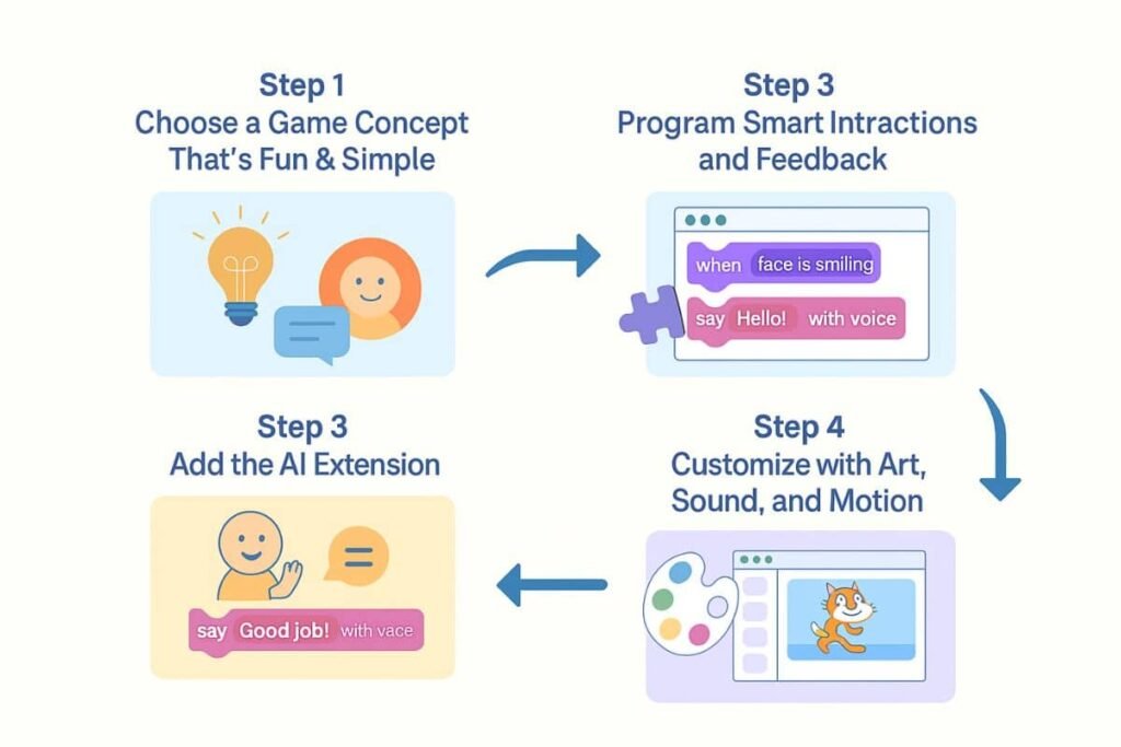 Storyboard-style layout of a simple AI-powered Scratch game project