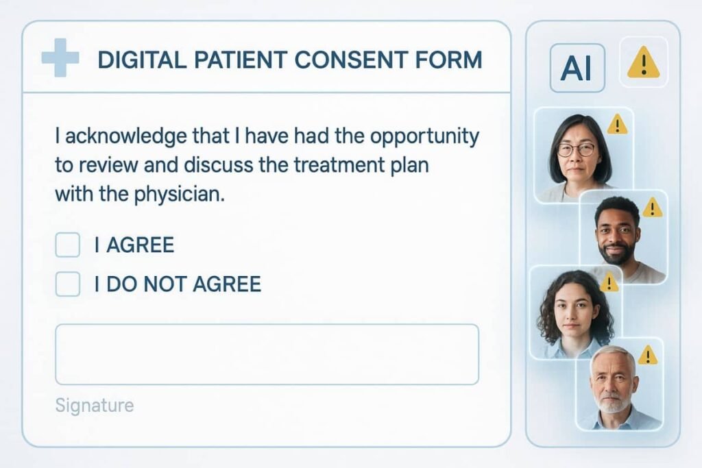 AI in medical imaging: Ethical dilemma in AI healthcare showing data consent form and diverse patient profiles
