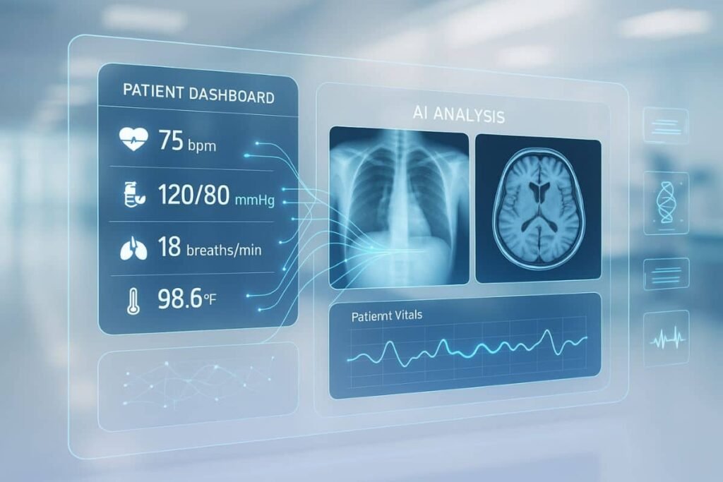 AI in medical imaging: Neural network analyzing patient diagnostic data in a digital hospital interface