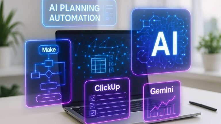 AI planning and automation tools with Make, ClickUp, and Gemini on glowing dashboards