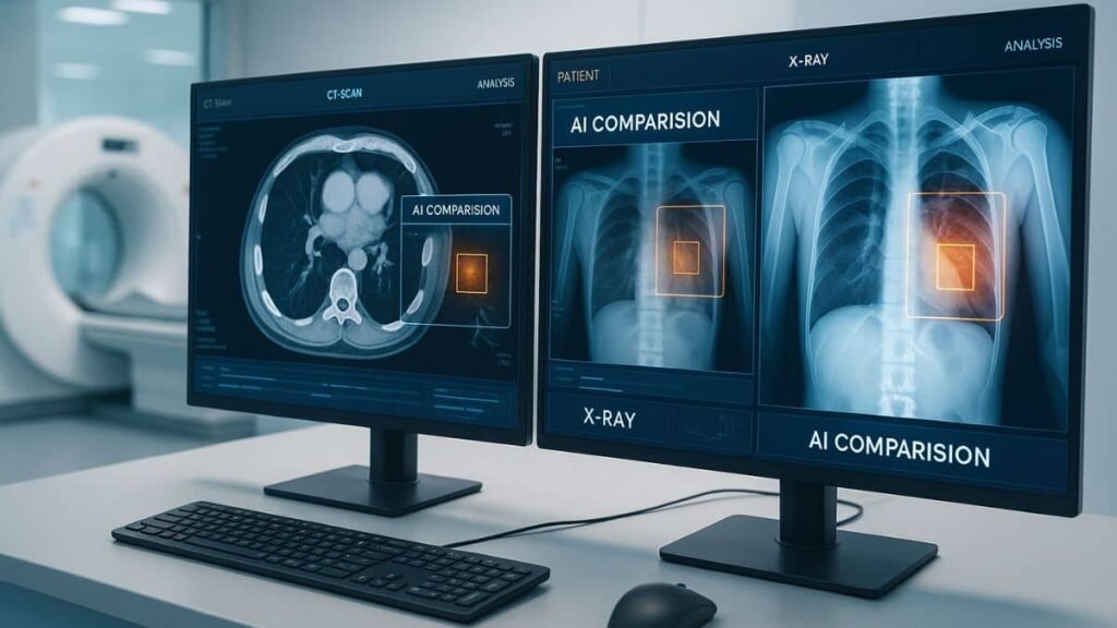 AI in medical imaging: AI transforming medical imaging with glowing neural diagnostics and futuristic healthcare dashboard