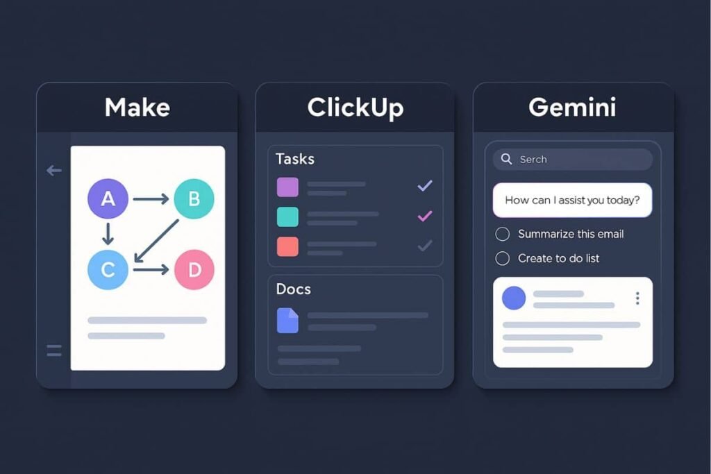 AI planning and automation tools: UI comparison of Make, ClickUp, and Gemini showcasing automation features