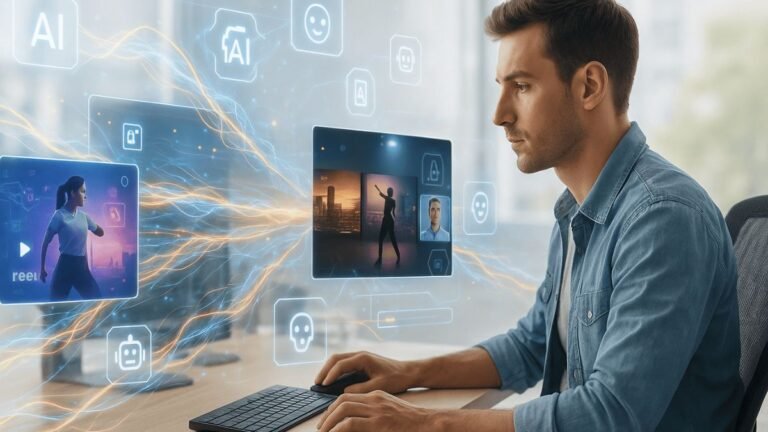 Futuristic workspace with AI video editing panels and holographic tools in action