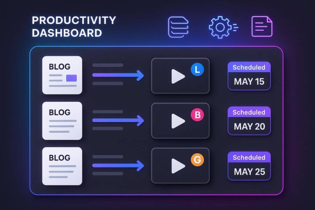 AI-powered content automation tools organizing blog repurposing into branded videos