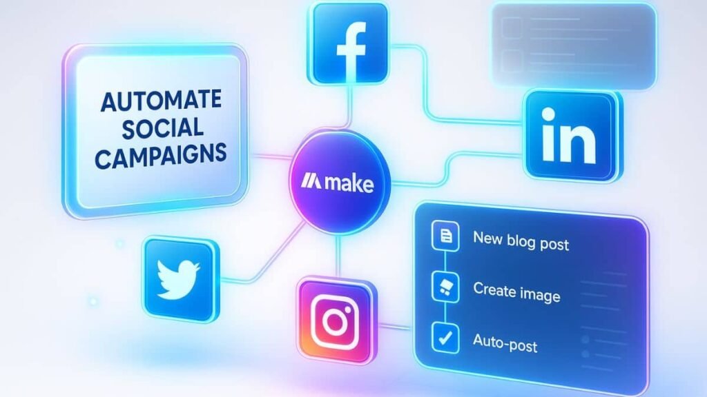 Social campaigns with Make: Realistic dashboard with glowing automation flows and social media icons, representing automated campaigns with Make
