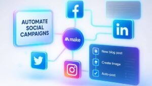 Social campaigns with Make: Realistic dashboard with glowing automation flows and social media icons, representing automated campaigns with Make
