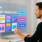 Branded templates with Canva AI showing holographic UI and design tools
