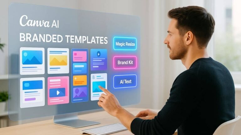 Branded templates with Canva AI showing holographic UI and design tools