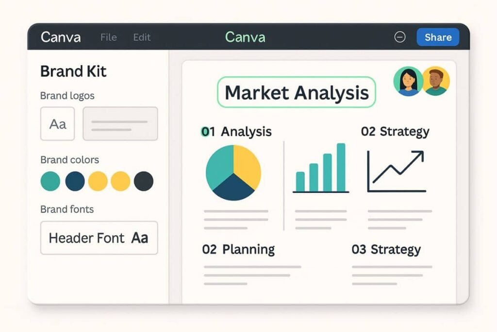 Canva team dashboard with shared folders, brand kit, and AI writing tools on screen