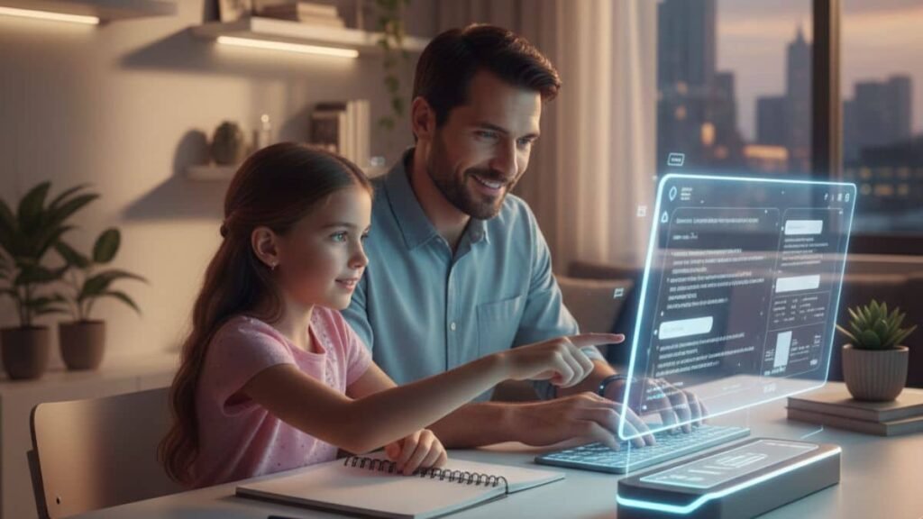 ChatGPT for homework help: parent using chatgpt on a glowing AI dashboard to help child with homework at home