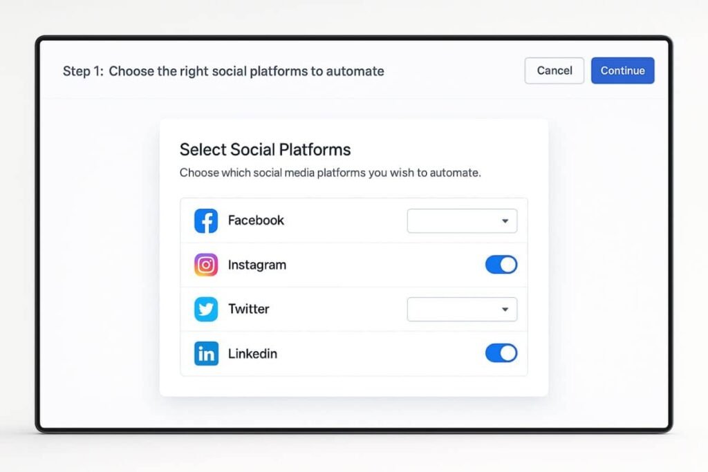 Social campaigns with Make: UI mockup showing selection of social platforms like Facebook, LinkedIn, Instagram inside an automation tool interface