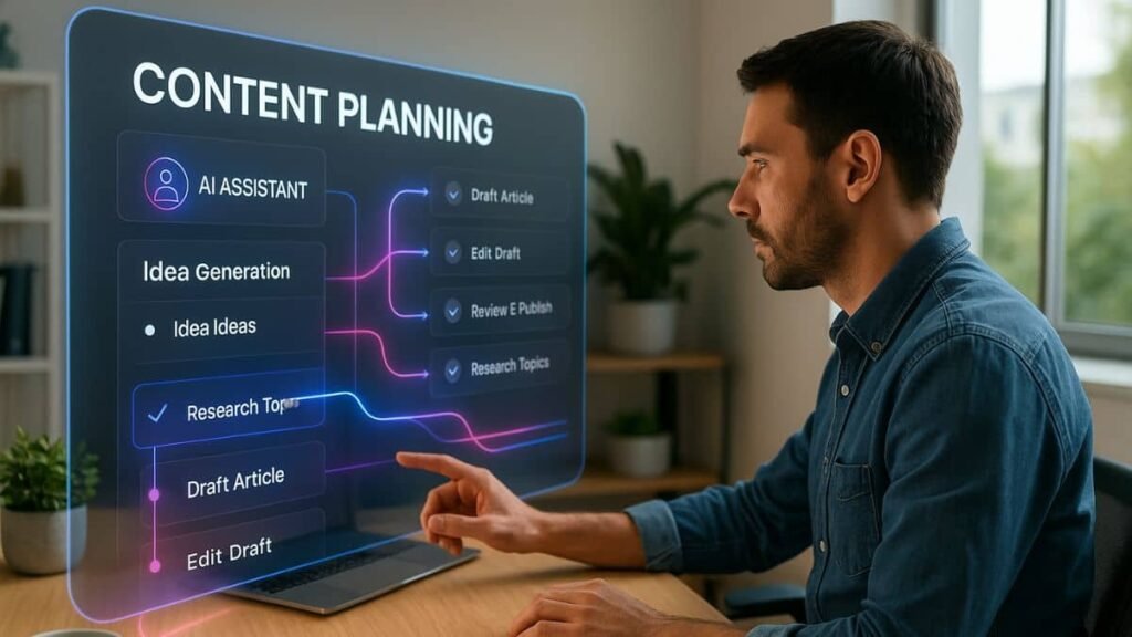 ClickUp AI content planning dashboard with glowing automation and project workflows