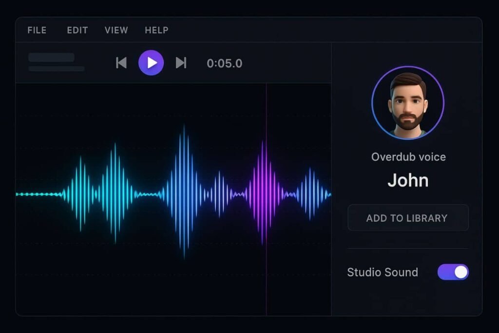 Descript video editor: AI tools including Overdub voice cloning and Studio Sound audio enhancement
