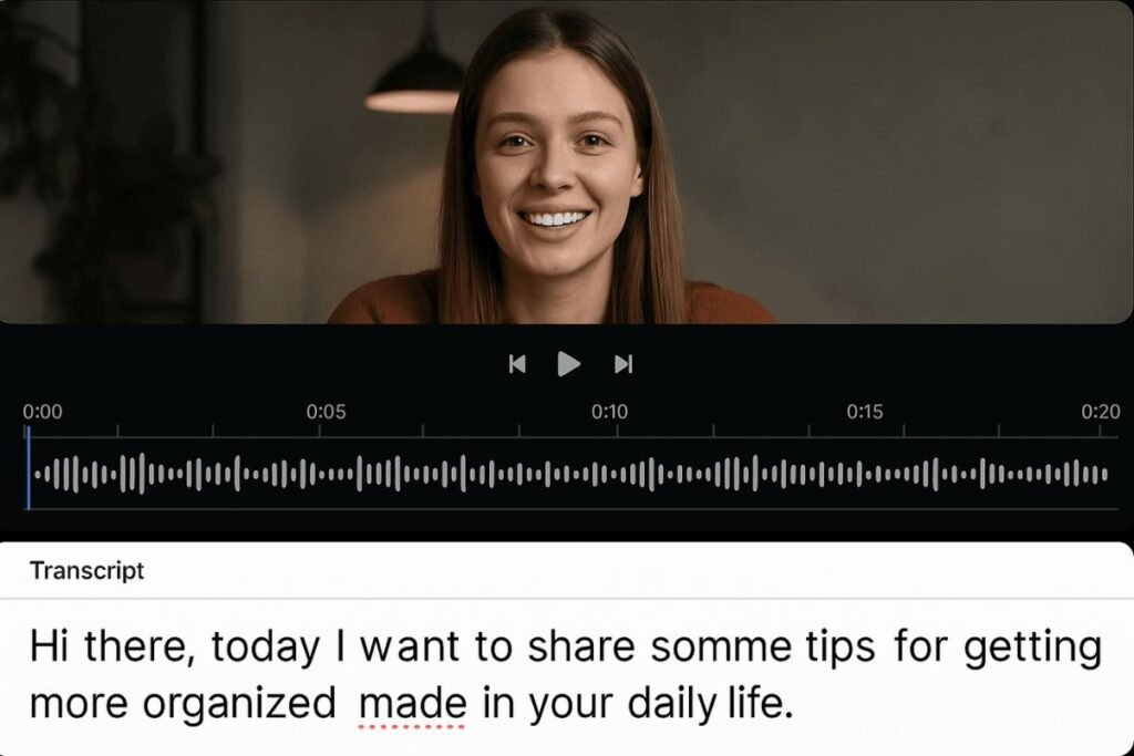 AI video tools: Side-by-side interface mockup of Descript's transcript-based video editor