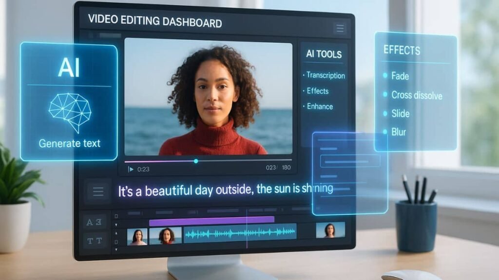 Featured visual showing Descript video editor with glowing AI overlays and text-based editing UI