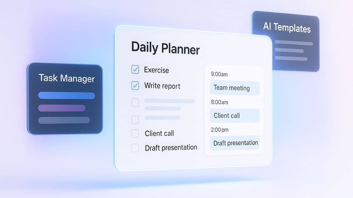 Notion AI templates for productivity with holographic dashboard and task automation elements in a bright digital workspace