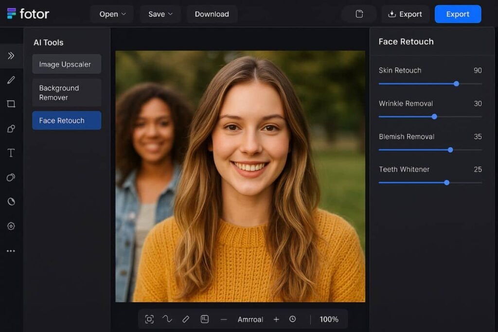 Fotor AI photo editor interface with one-click enhancement and background removal features