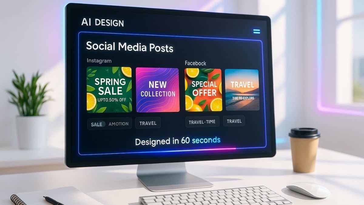 Social post ideas with Fotor AI: AI-powered social post design dashboard with templates and floating icons