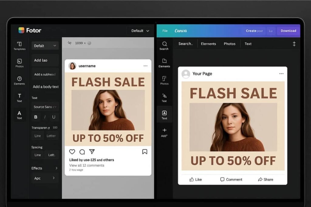 Fotor vs Canva: Social media post creation mockup using Fotor and Canva with Instagram and Facebook previews
