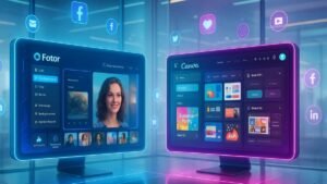 Fotor vs Canva AI design tools comparison with futuristic UI dashboard and social media icons