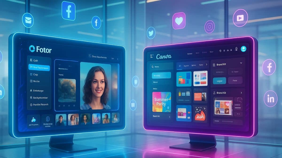 Fotor vs Canva AI design tools comparison with futuristic UI dashboard and social media icons
