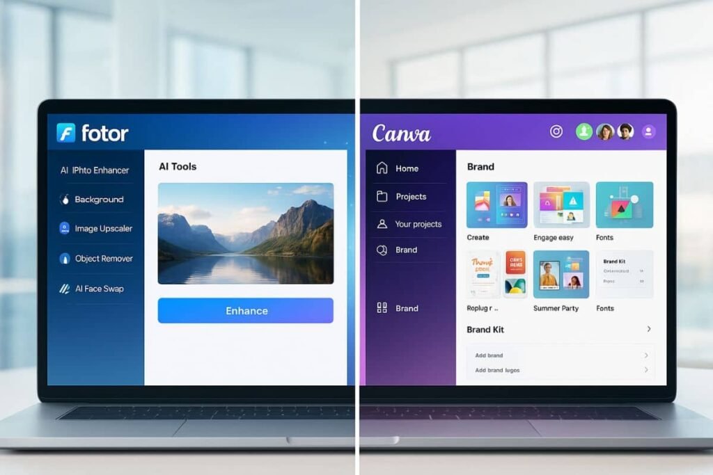 Comparison dashboard of Fotor vs Canva showing templates, AI tools, and platform integrations