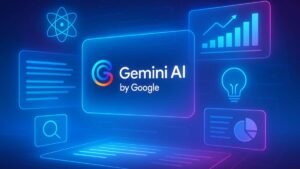 Gemini AI by Google interface visualized with glowing data panels and modern holographic elements