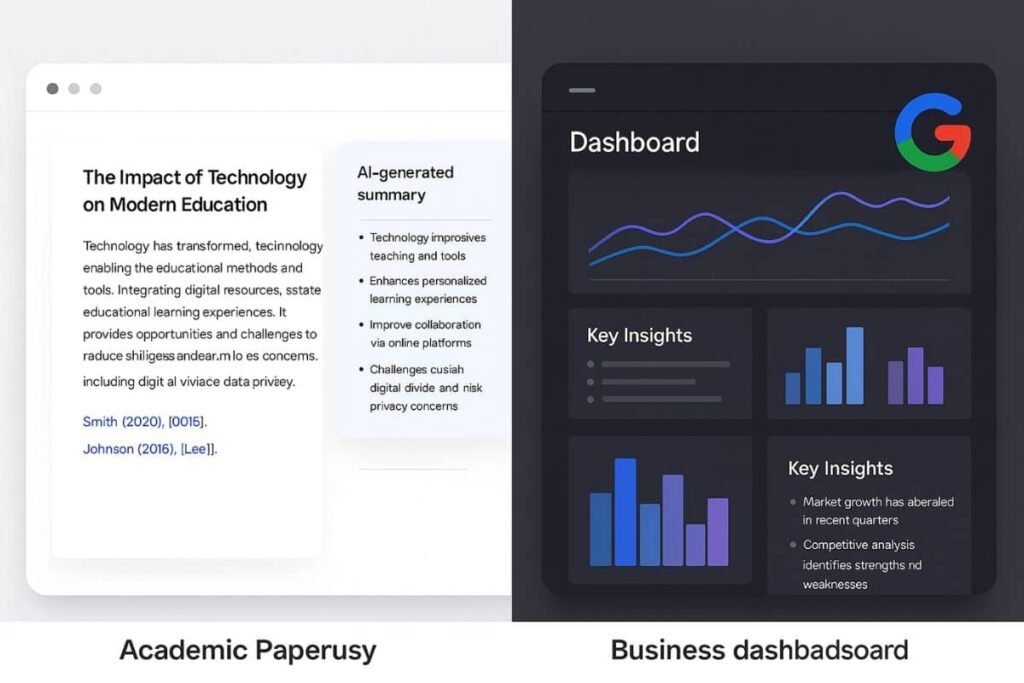 Gemini AI by Google: Split-screen showing academic paper analysis and business report generation by AI