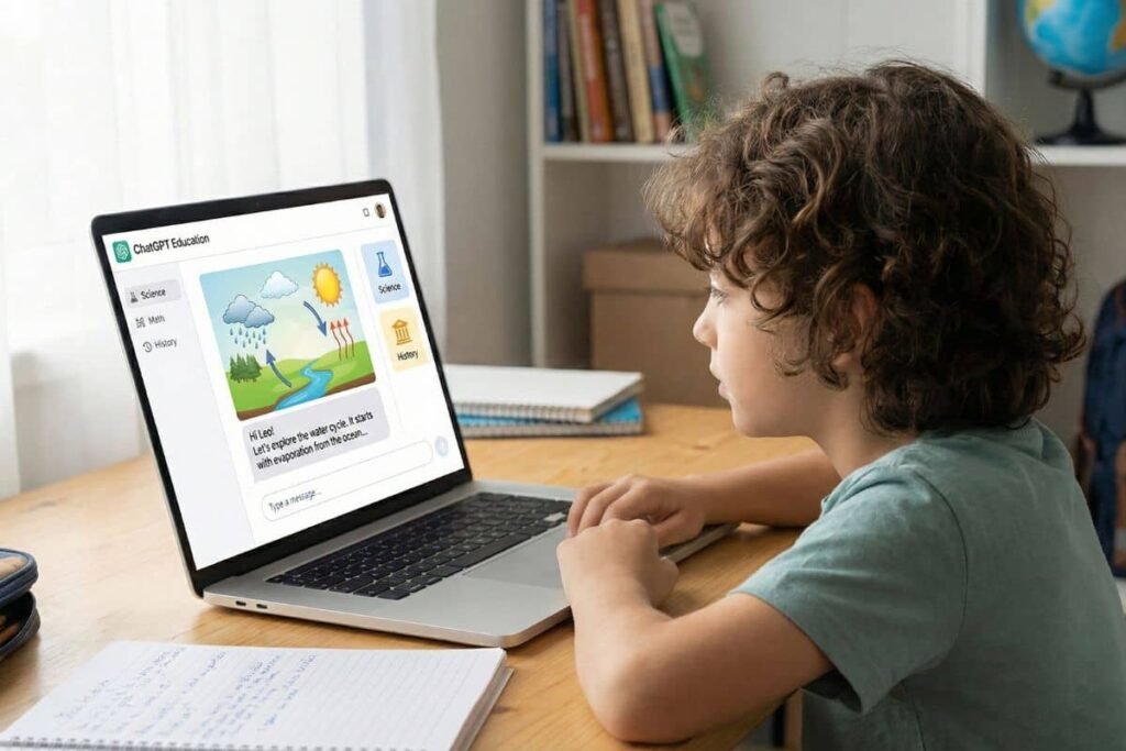 ChatGPT for homework help: illustration of AI assistant explaining school concepts with simplified interface