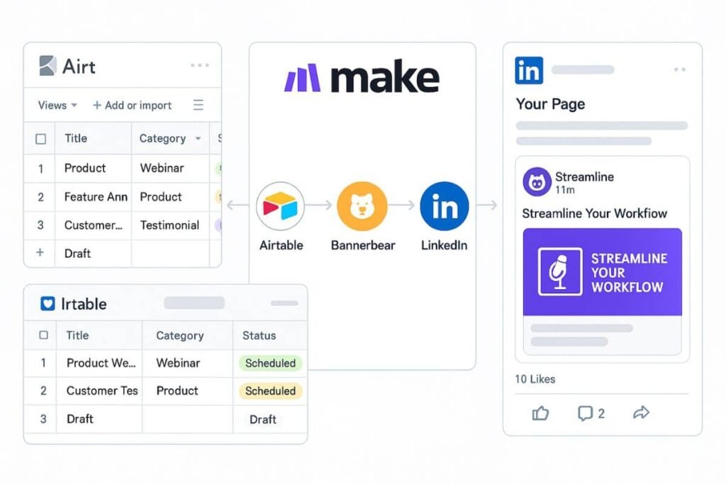 Social campaigns with Make: Side-by-side interface of Airtable, Bannerbear, and LinkedIn automation workflow