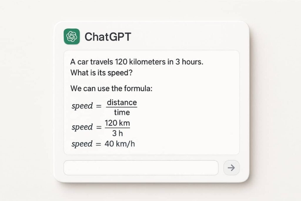 ChatGPT for homework help: realistic interface showing chatgpt solving a speed calculation math problem step-by-step