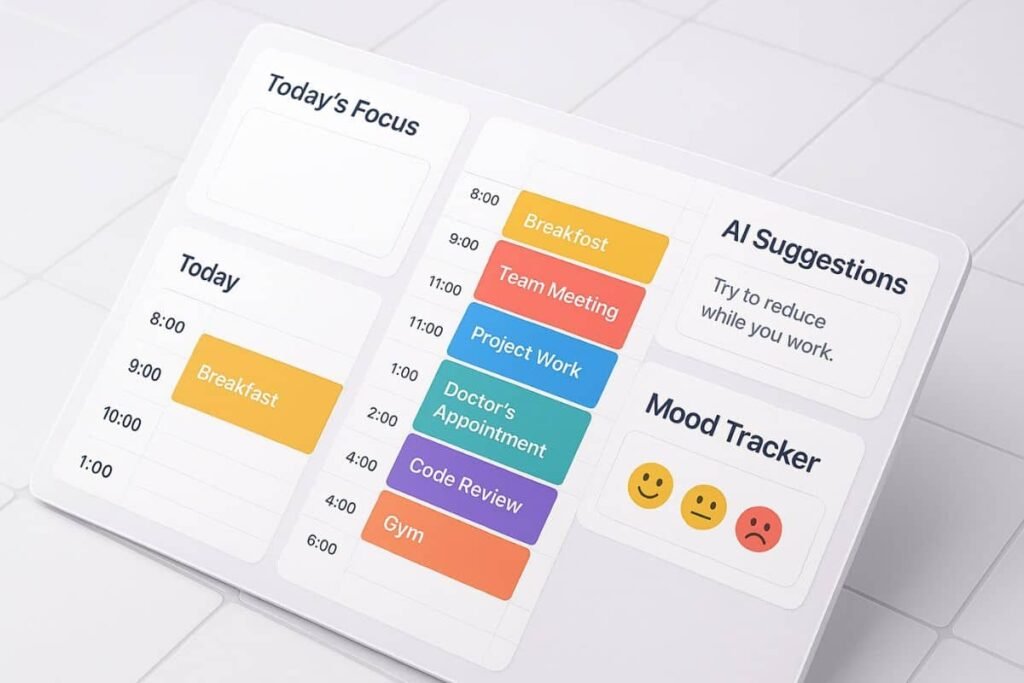 Notion AI templates: Notion AI daily planner template interface with time-blocking and mood tracking features