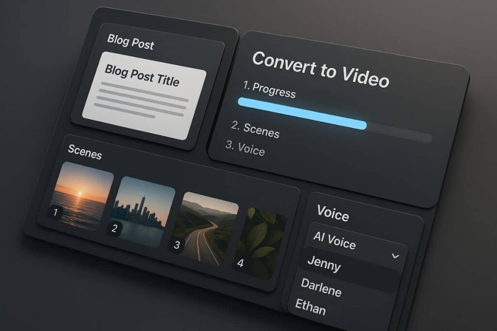 Pictory AI video generator dashboard interface showing blog-to-video workflow step-by-step