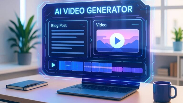 AI video generator transforming blogs into videos with futuristic UI and glowing interface