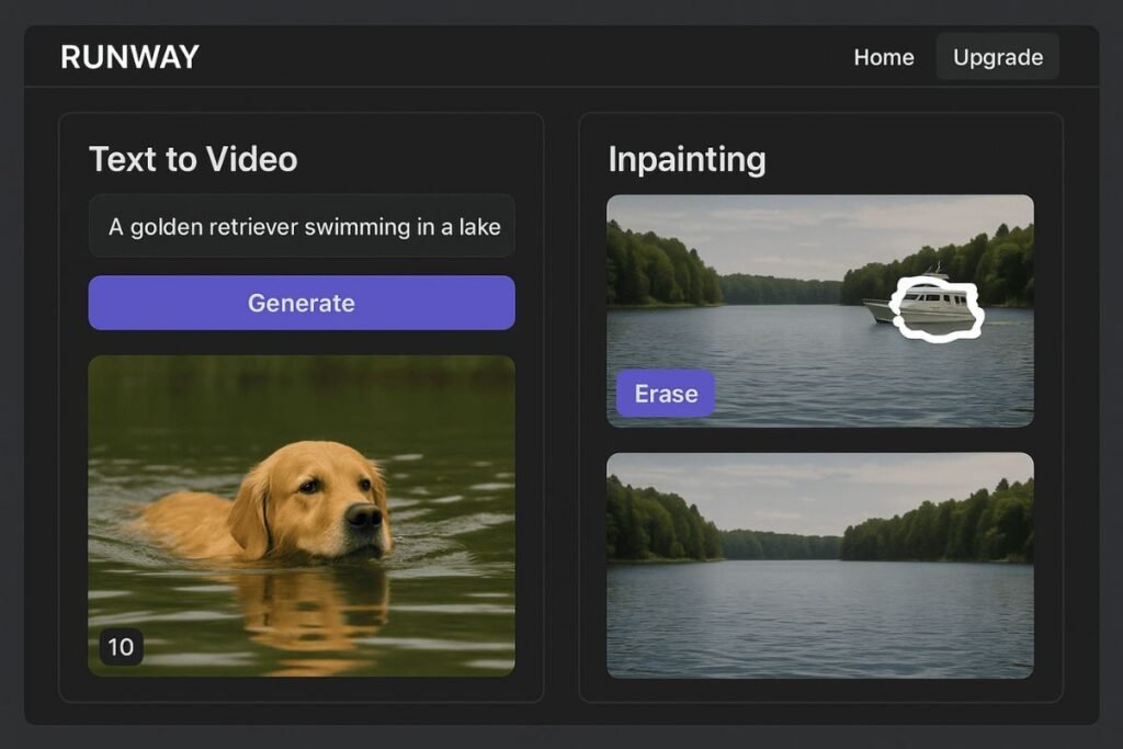 AI video tools: Runway ML's Gen-2 interface with text-to-video and object removal features