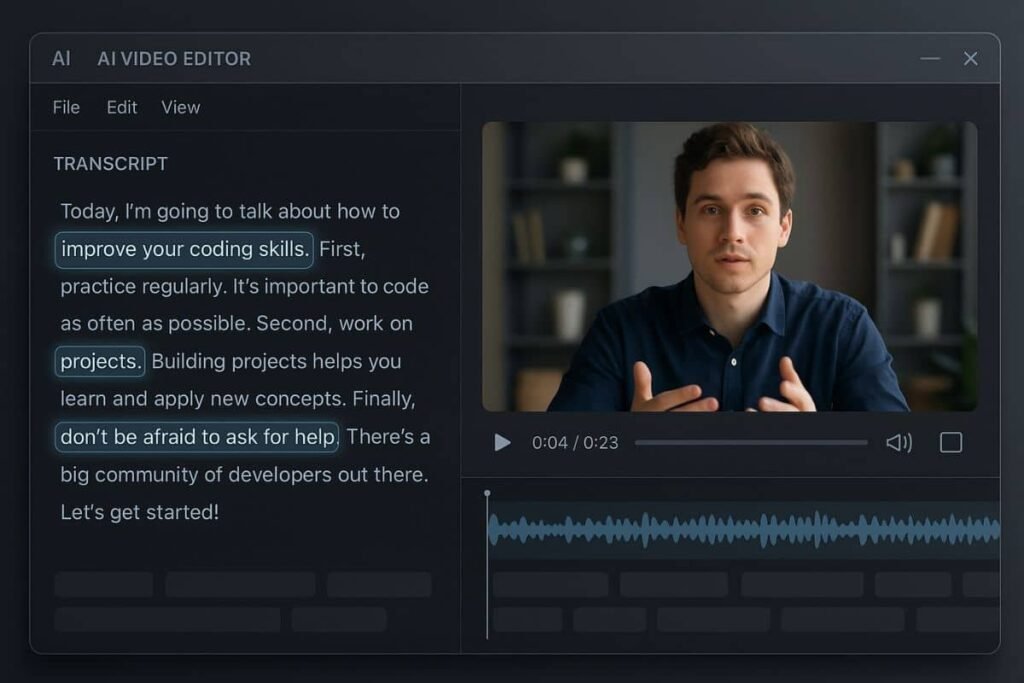 Descript video editor showing text-based video editing interface with real-time transcription